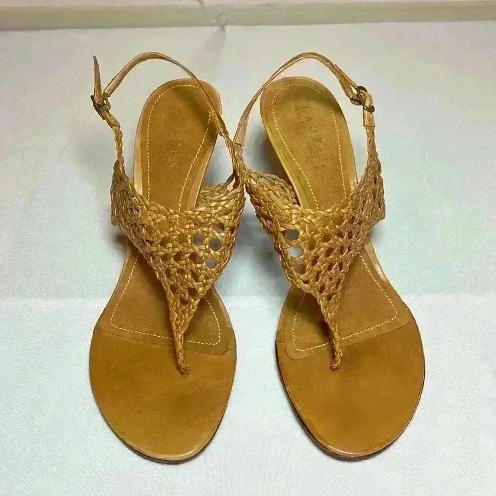 Lauren Ralph Lauren Nadia Brown Tan Leather Woven Sandal Strap Heel Womens Sz 9B